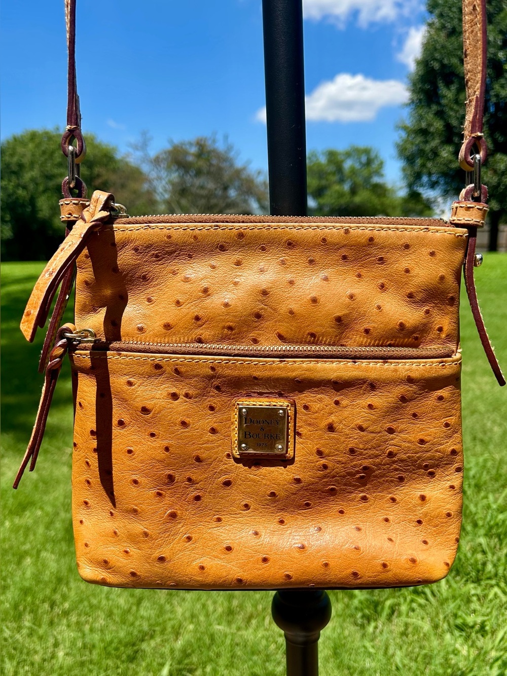 Dooney & Bourke Caramel Ostrich-Embossed Leather Letter Carrier Crossbody Bag